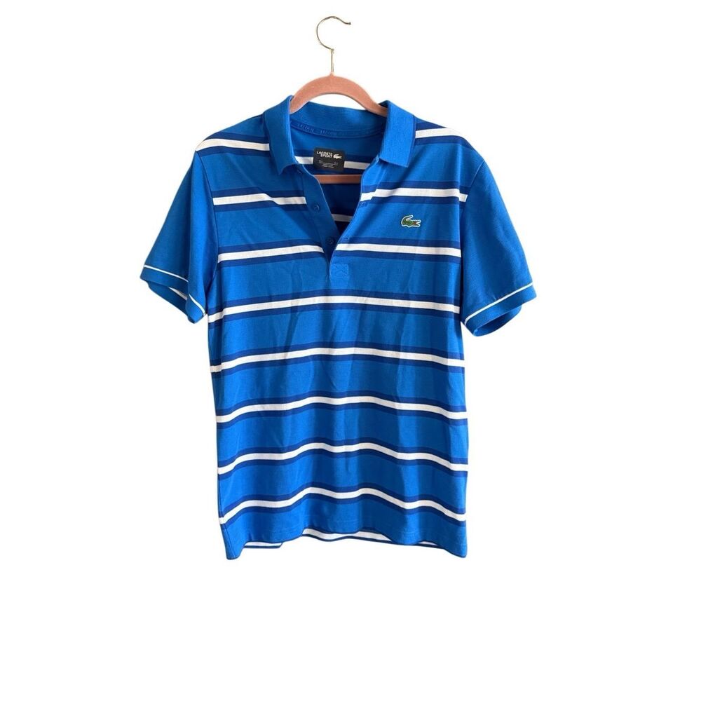 Lacoste Sport Mens Blue White Striped Short Sleeve Collared Polo Shirt Sz Medium - Picture 6 of 10